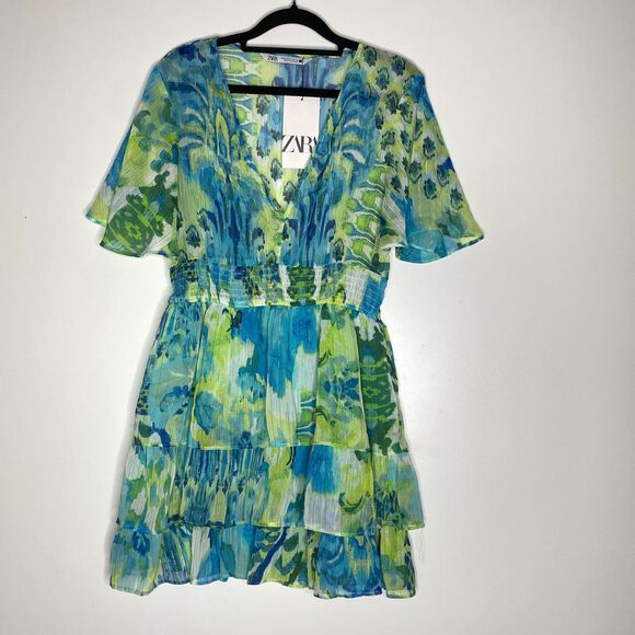 New Zara Ruffle V-Neck Smocked Waist Dress Women's Size Medium - Picture 1 of 7